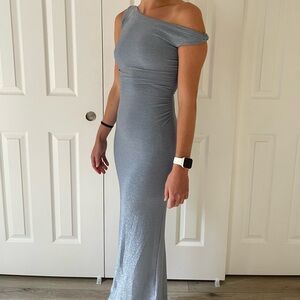 Petal and Pup Off-Shoulder Light Blue Sparkle Maxi Black Tie Dress- Size XS